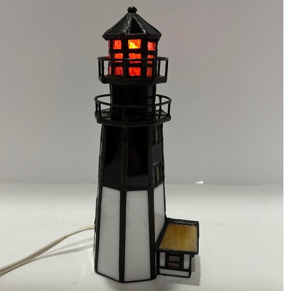 Stained Glass Lighthouse Table Lamp Coastal Decor Black White Accent Light - Picture 1 of 16